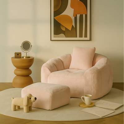 Oversized Bean Bag Chair With Footstool – Shell-Inspired Comfy Lounge Seat For Adults & Kids, Stuffed Foam Support, Modern Floor Seating For Bedroom, by Trule