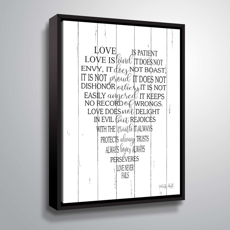 «Love is patient», art textuel, Cadre flottant noir, H 32 po x l 24 po x P 2 po