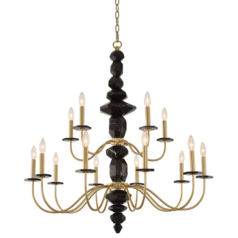 Brushed Brass and Black Crystal 15-Light Candle Chandelier