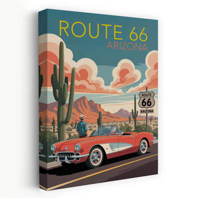 «Route 66», art rétro classique rétro, cactus, paysage, H 24 po x l 16 po