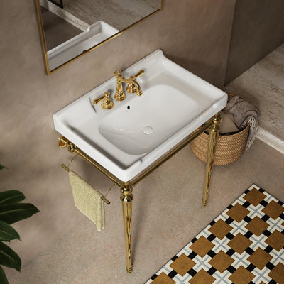 Lavabo de salle de bain mural 28 po, meuble-lavabo en céramique blanc, 3 trous de robinet pré-percés, couleur or, pieds en acier inoxydable et barre à serviettes, haute performance, égratignure, facile à nettoyer, aucune taille standard