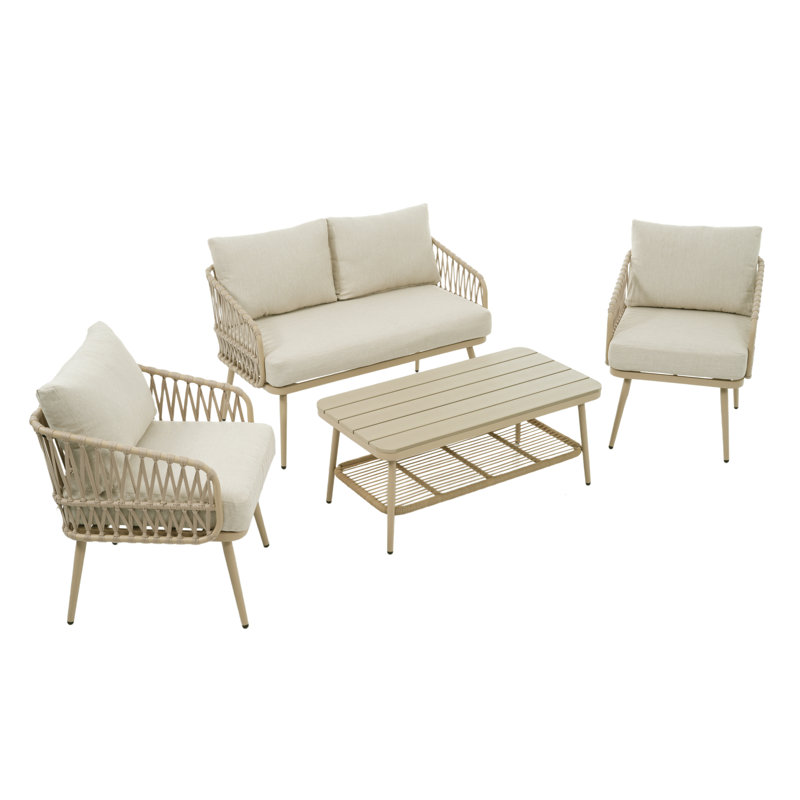 4-piece Outdoor Patio Set With Plastic Wood Table & Rope Storage, Loveseat + 2 Armchairs, Beige, Beige