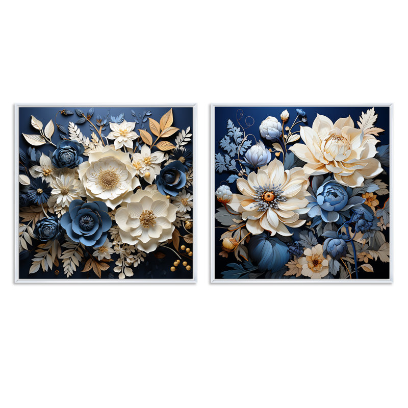 Ensemble de 2 collages de fleurs bleues et blanches saisonniers, Cadre flottant blanc, H 16 po x l 33 po