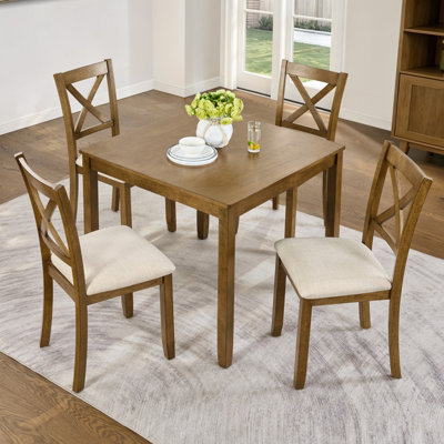 5‑Piece Farmhouse Square Dining Table Set, Solid Wood Kitchen Table & 4 X‑Back Upholstered Dining Chairs, for Dining Room