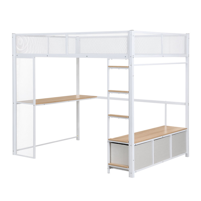 Lit mezzanine en métal avec DEL, bureau, garde-robe ouverte et 3 tiroirs de rangement en lin
