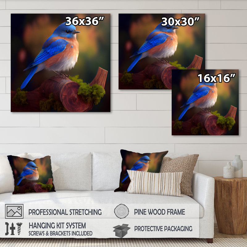 Décoration murale en métal magnifique oiseau bleu sur une branche III - animaux oiseaux, 30" H x 30" W, Wrapped Canvas
