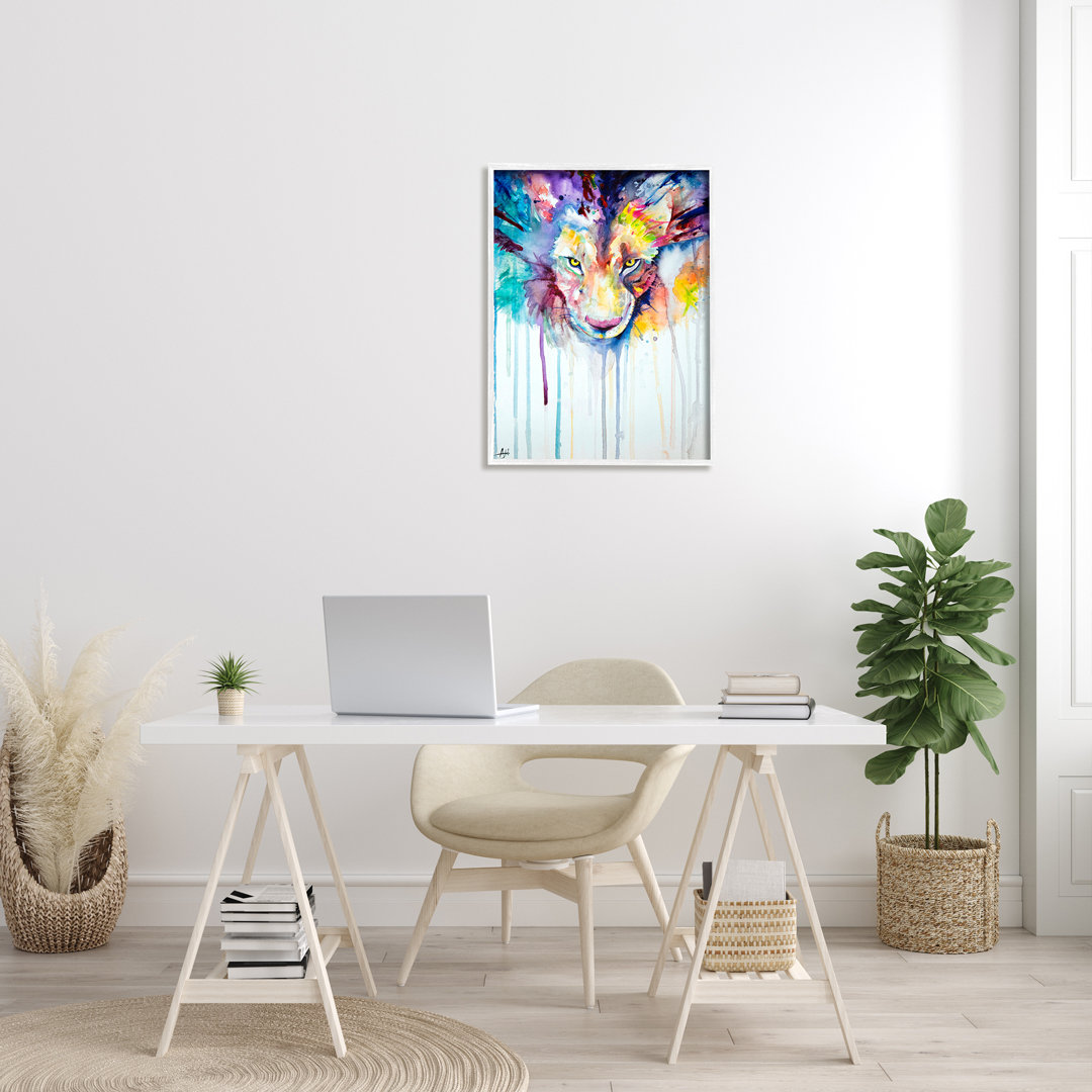 " Cool Colorful Large Cat Lion Portrait Animal Watercolor Painting " Ebern Designs 