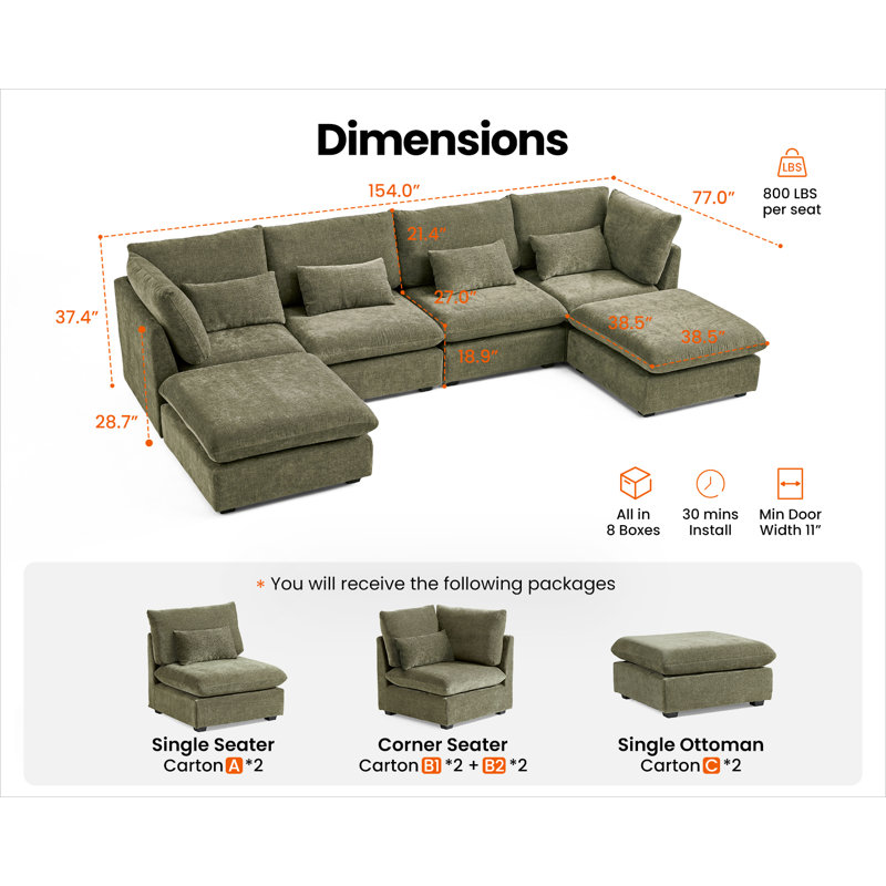 U-shaped Chenille Sofa Oversized Modular Sofa Extra Deep Cloud Corduroy Sectional Couch With Ottoman Chaise Fsc Certified Fluffy