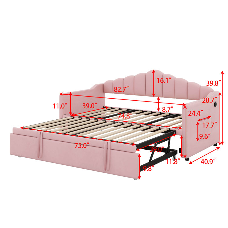 Twin Size Upholstered Day Bed Frame – Adjustable Pop Up Trundle, USB/Type-C Charging Port, 2 Side Pockets, No Box-Spring Required