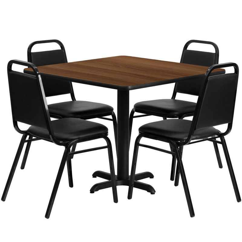 Ensemble de table carrée en stratifié 36 po avec base en X et 4 chaises de banquet trapézoïdales, Noyer
