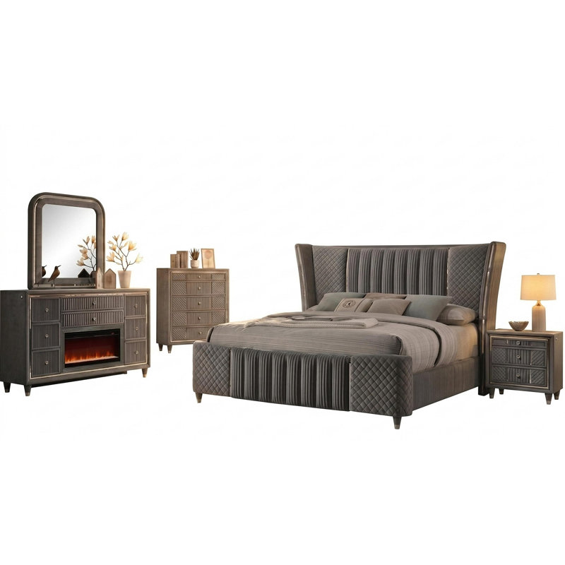 Ensemble de chambre à coucher 4 pièces Cheatum Black King, Black, 4 Pcs: Bed, Nightstand, Dresser, Dresser Mirror, King