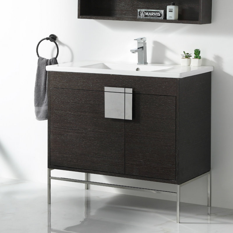 Ensemble de meuble-lavabo simple 36 po Maisie, Chrome poli, Chêne noir à grain droit