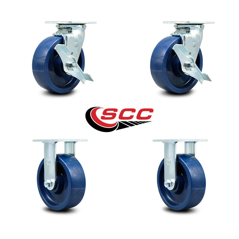 4 Piece Polyurethane Caster Set with Roller Bearings 2 Brakes 2 Rigid