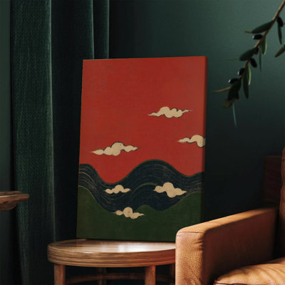1PC Wall Arts Posters Framed,  Traditional Japanese Style Canvas Wall Art with Red Sky Clouds and Wave Pattern Oriental Home Decor for Living Room Bedroom Office Modern Minimalist Artwork Print