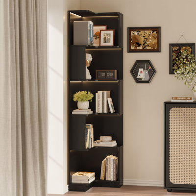 5-Tier Corner Bookcase with Display Led Lights, L-shaped Shelves with Baffles, Wooden Bookshelf for Living Room & Office