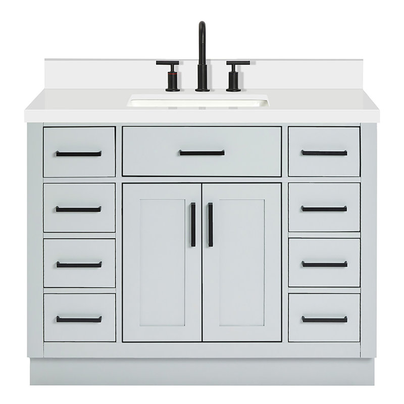 Tidworth 42' Solid Wood Single Bathroom Vanity with 1.5' White Quartz Top, Gris / noir mat, Forme rectangulaire