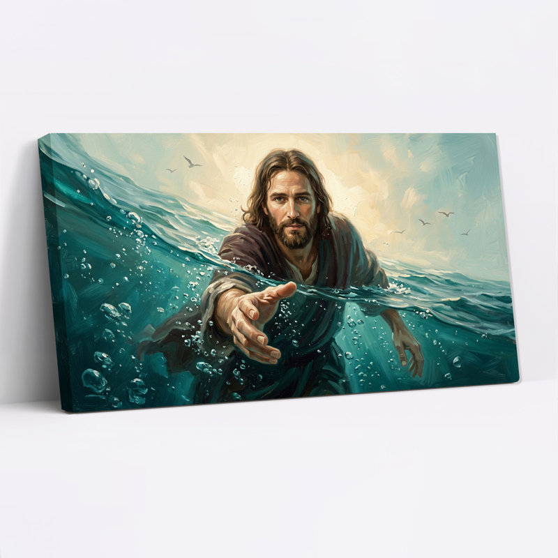 Tableau sur toile représentant Jésus-Christ tendant la main dans une eau turquoise, L 20 po x H 10 po
