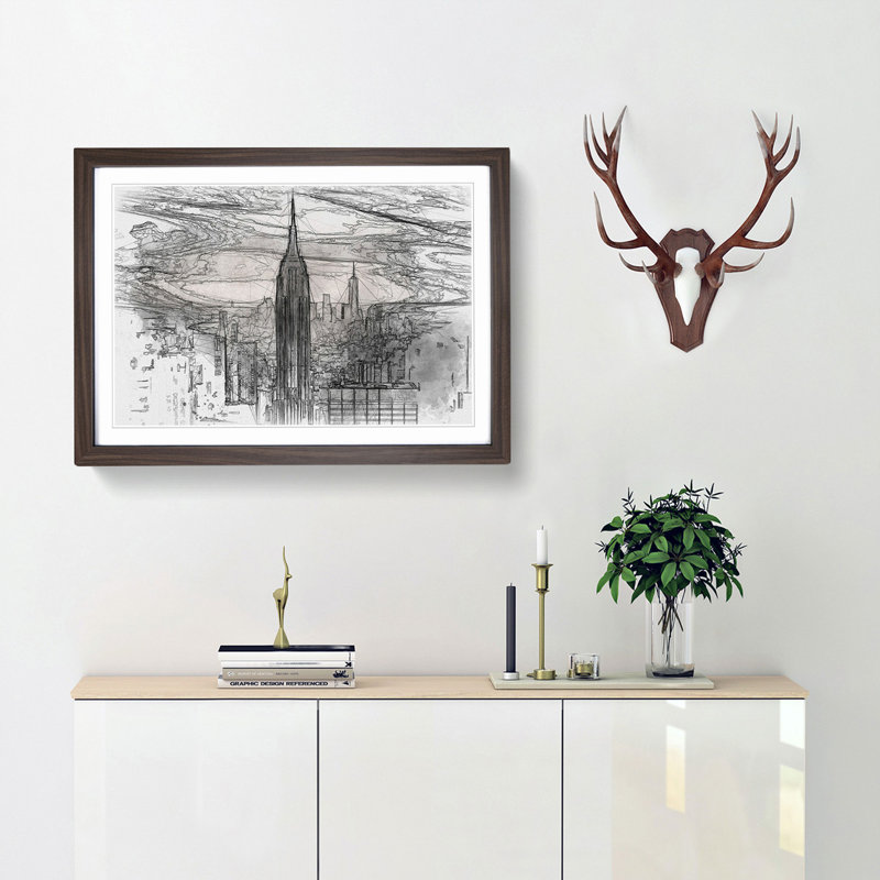 New York Skyline in Abstract - Picture Frame Graphic Art Print, 62cm H x 87cm W x 2cm D, Walnut Framed