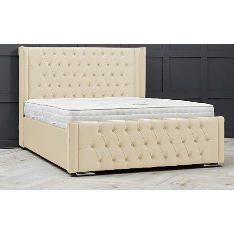 Lucio Velvet Upholstered Bed Frame - Curved Headboard, Sprung Slatted Base, Cream, Small Double (4')