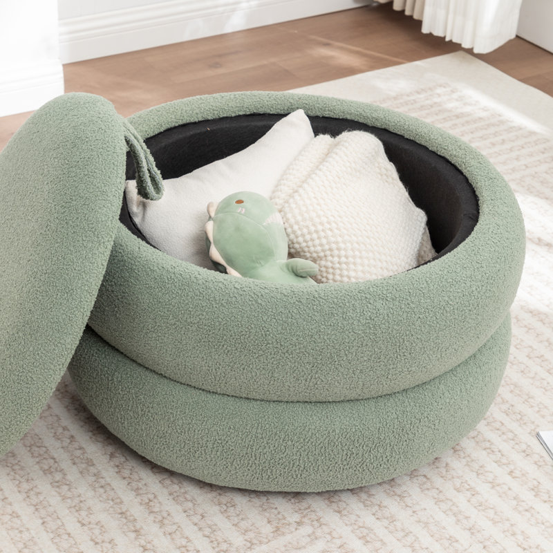 Upholstered Round Storage Ottoman, Green