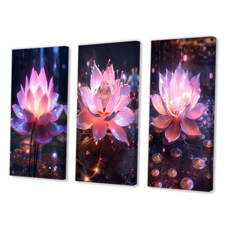 «Light Coming Through Pink Lotus», 3 pièces sur toile, H 28 po x l 36 po, Toile tendue