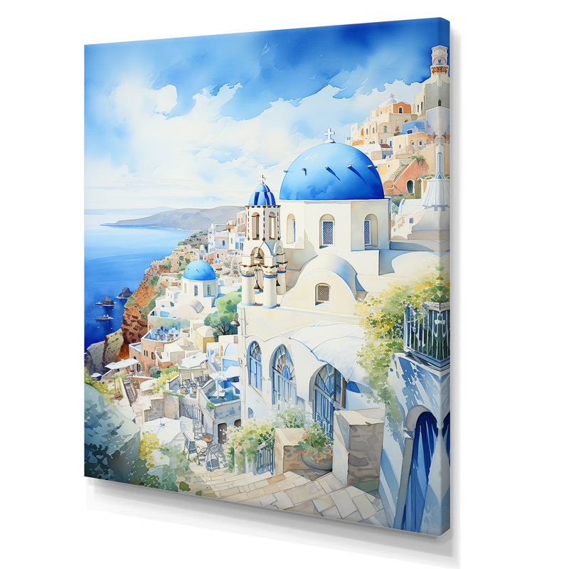 «Blue and White Santoriniisles I», art mural Grèce, Toile tendue, H 44 po x l 34 po x P 1,5 po