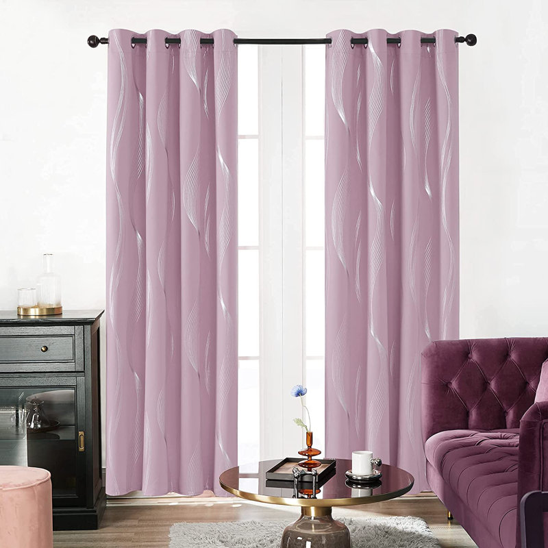 Prewett Super Soft Eyelet Room Darkening Thermal Curtains, Width 168 x Drop 183cm, Light Pink Wave Line