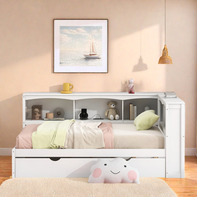 Lit de jour moderne avec lit gigogne, armoires de rangement et ports USB