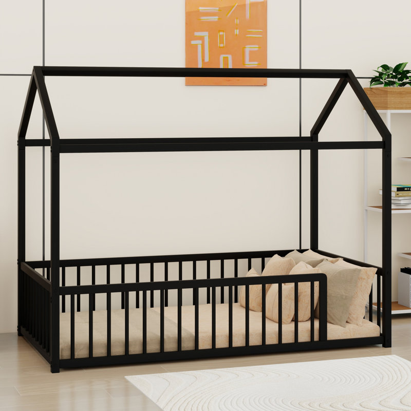 Low Profile House Bed With And Enclosed Fence, Twin, Black