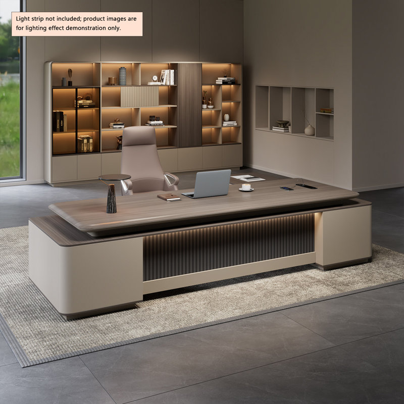 Bureau de direction moderne et luxueux de 260 cm avec armoire latérale – Table de bureau en panneaux de particules pour bureau de PDG