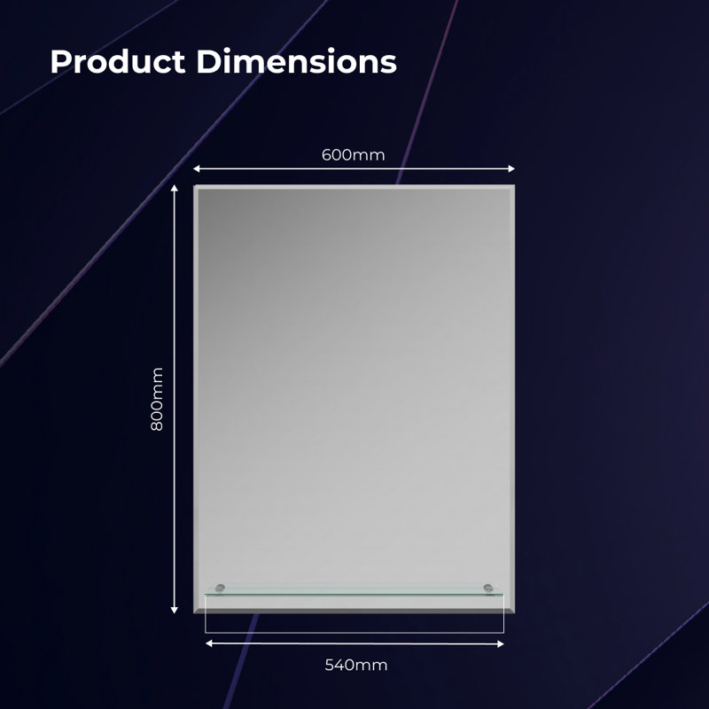 iBathUK Aria Wall Mounted Rectangular Bathroom Mirror with Fixed Glass Shelf, Modern Frameless Vertical Mirror, 600 x 800mm