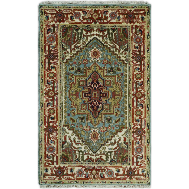Tapis bleu / ivoire / vert en laine noué à la main Heriz