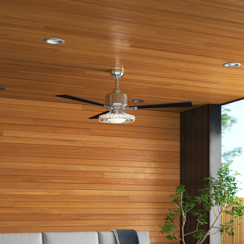 Fitchett 52 in. Brushed Nickel Indoor Rod Mount Glam Ceiling Fan with Black Blades, Dimmable Integrated LED Crystal Light Kit and Remote Control Included, 3 Speeds, Cream Acrylic Shade