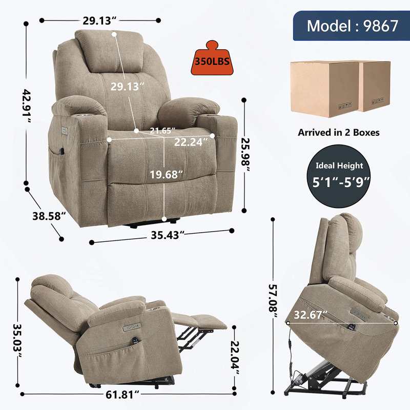Up to 350 LBS polyester Power Lift Recliner Chair, Heavy Duty Motion Mechanism with 8-Point Vibration Massage and Lumbar Heating, USB and Type-C Ports, Stainless Steel Cup Holders, Khaki