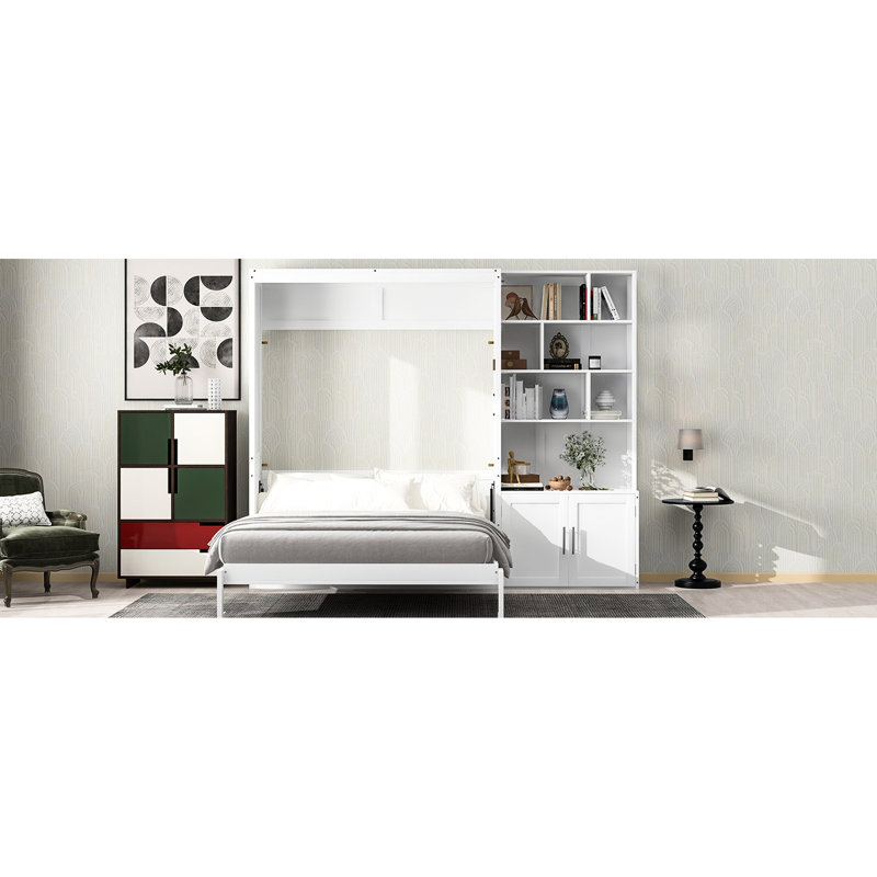 Lit double blanc avec de grandes tablettes de rangement et une armoire - Intègre une fonction tendance dans la chambre à coucher