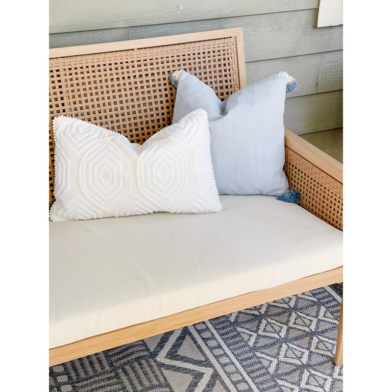Blue and White Square Embroidered Decorative Pillow with Tassels