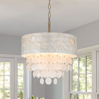 5-Light Brass Capiz Shell Drum Chandelier With Tiered Shell Accents