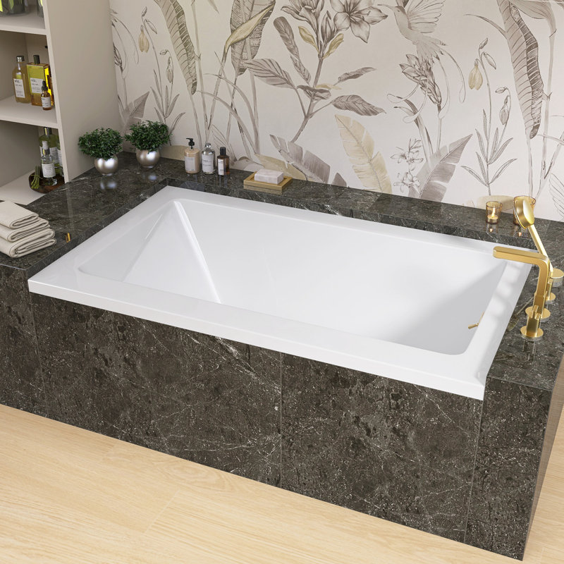 54" W X 32'' D Alcove Rectangular Bathtub Drop-In Soaking Tub 3-Wall Acrylic White Bathroom Tub With Integrated Overflow