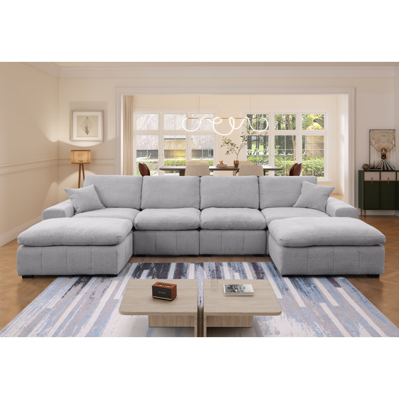 Canapé modulaire rembourré en U en chenille avec deux repose-pieds surdimensionnés, Chenille gris pâle