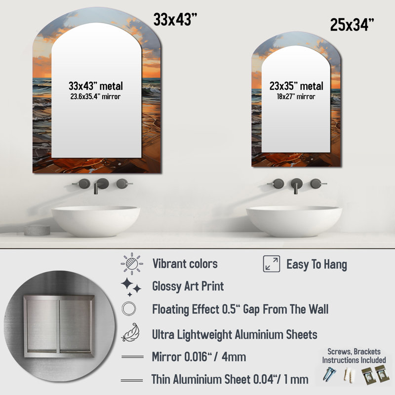 Orange orange sarcelle, lever de soleil sur la plage I - miroir décoratif orange, miroir mural asymétrique traditionnel