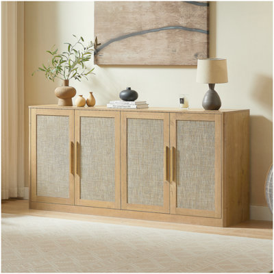 Buffet 67 po à 4 portes, buffet Boho, grand buffet à crédence pour le salon, le couloir et la cuisine, chêne caramel, l 67 po x P 15,75 po x H 31,5 po
