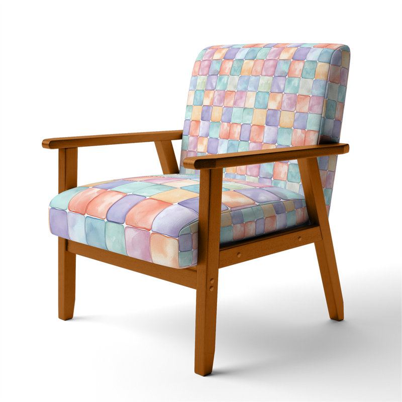 Chaise d'appoint Patchwork - Fauteuil à bulles jaune et bleu pastel, Accoudoirs carrés bruns