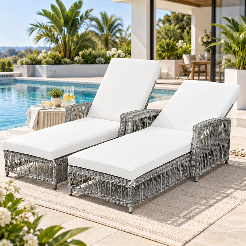 Outdoor Wicker Chaise Lounge With Cushions, Beige, 2 Pieces