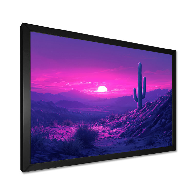 Lavande cactus au crépuscule II - art mural de cactus pour le salon, H 12 po x l 20 po, Cadre simple, Noir