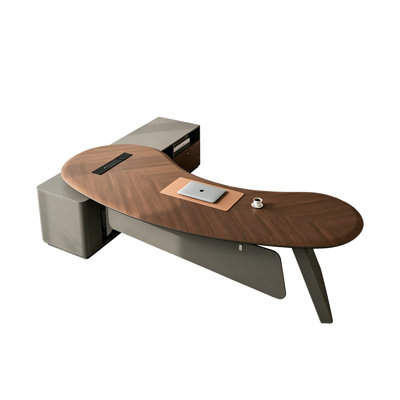 Brown Curved L-Shaped Minimalist Executive Desk with Multi-Function Power Socket & Storage Side Cabinet