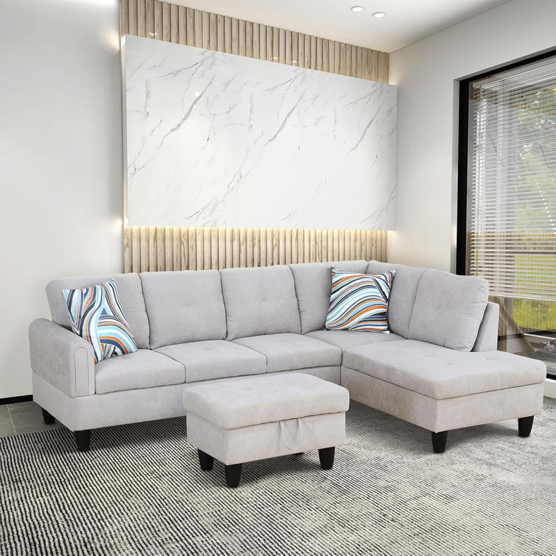 3-Piece Flannel Sectional Sofa, Gray, Right Hand Facing