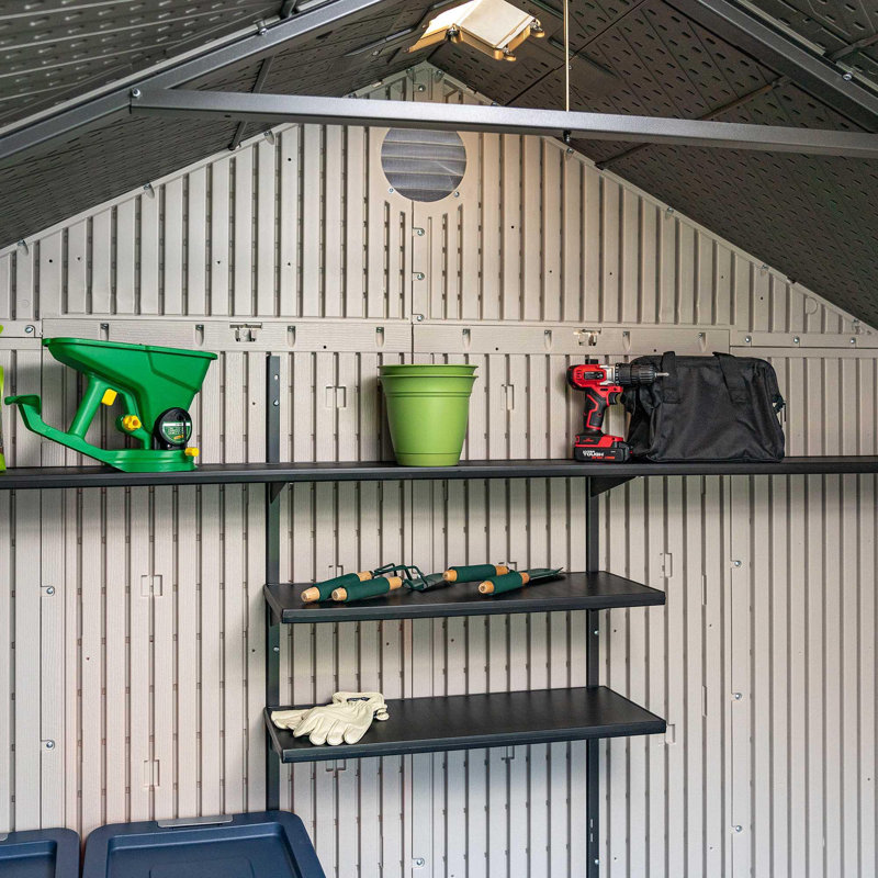 Large Beige and Brown Polyethylene Storage Shed with Windows and Shelving