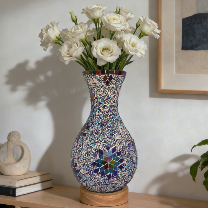 Lampe de table en verre mosaïque 5 pouces (base en bois, lumière à intensité variable 3 couleurs, alimenté par USB)