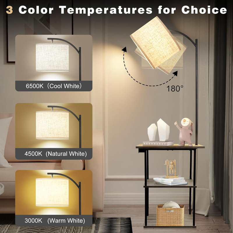 Floor Lamp With Table, End Table With Charging Station, Brown