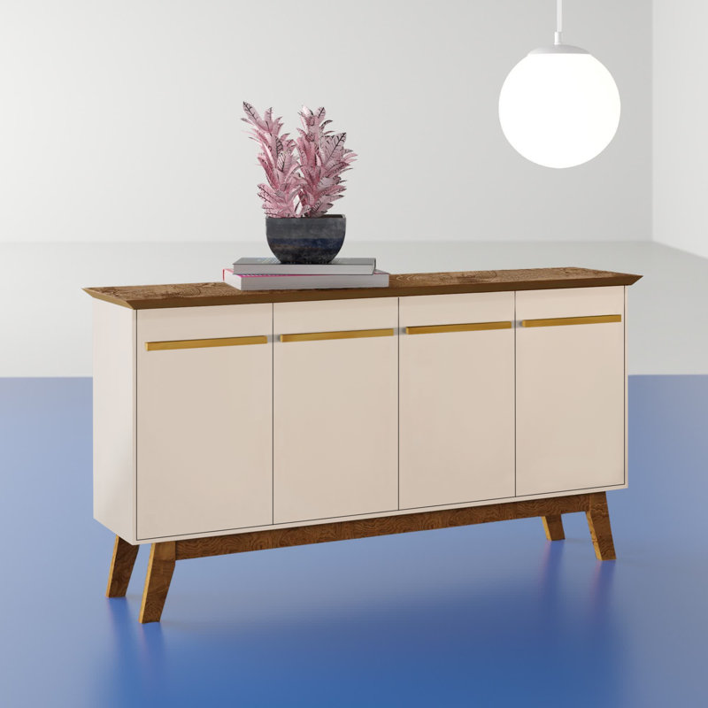 Yonkers 63" Mid-Century Modern Sideboard with 4 Shelves in Off White and Natural, Off White/Cinnamon